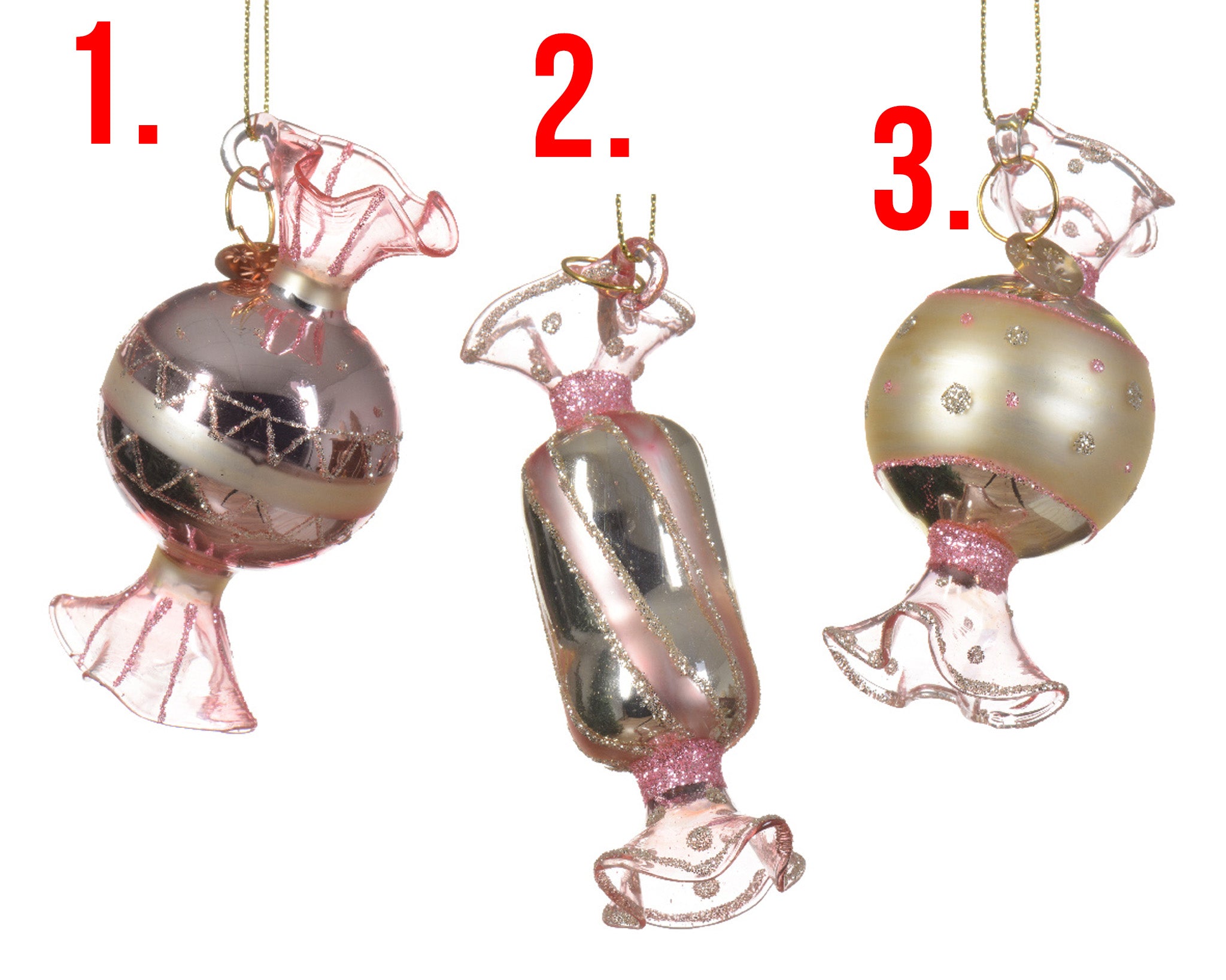 Candy glass w glitter, dots 3ass - pink/gold