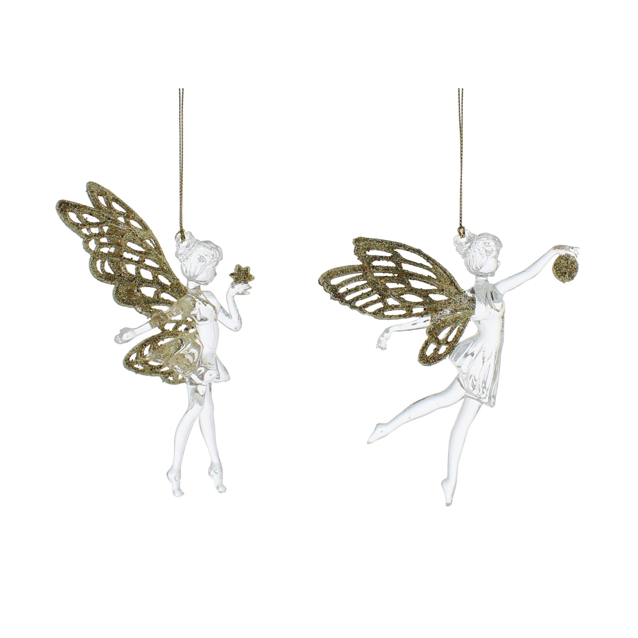 15cm 2 asstd clear acrylic fairies with light gold glitter hanging decoration