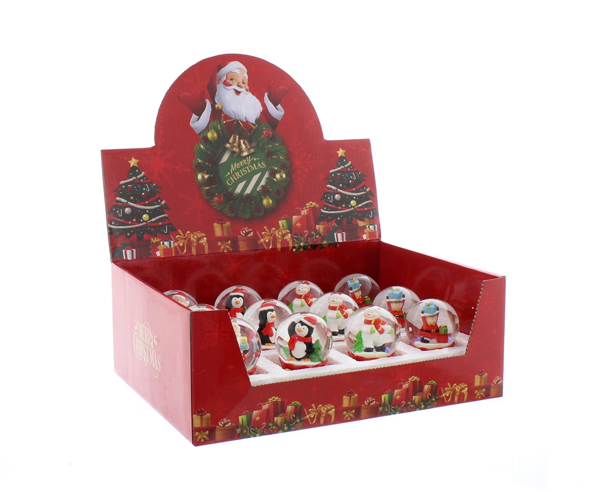 4 asstd santa pals snowglobes with red snowflake polyresin base - santa, penguin, snowman and elf - total height of globe and base 6.5cm - snowglobe dia 4.5cm - 3 of each design - 12 pcs per pdq - 2 pdq per outer