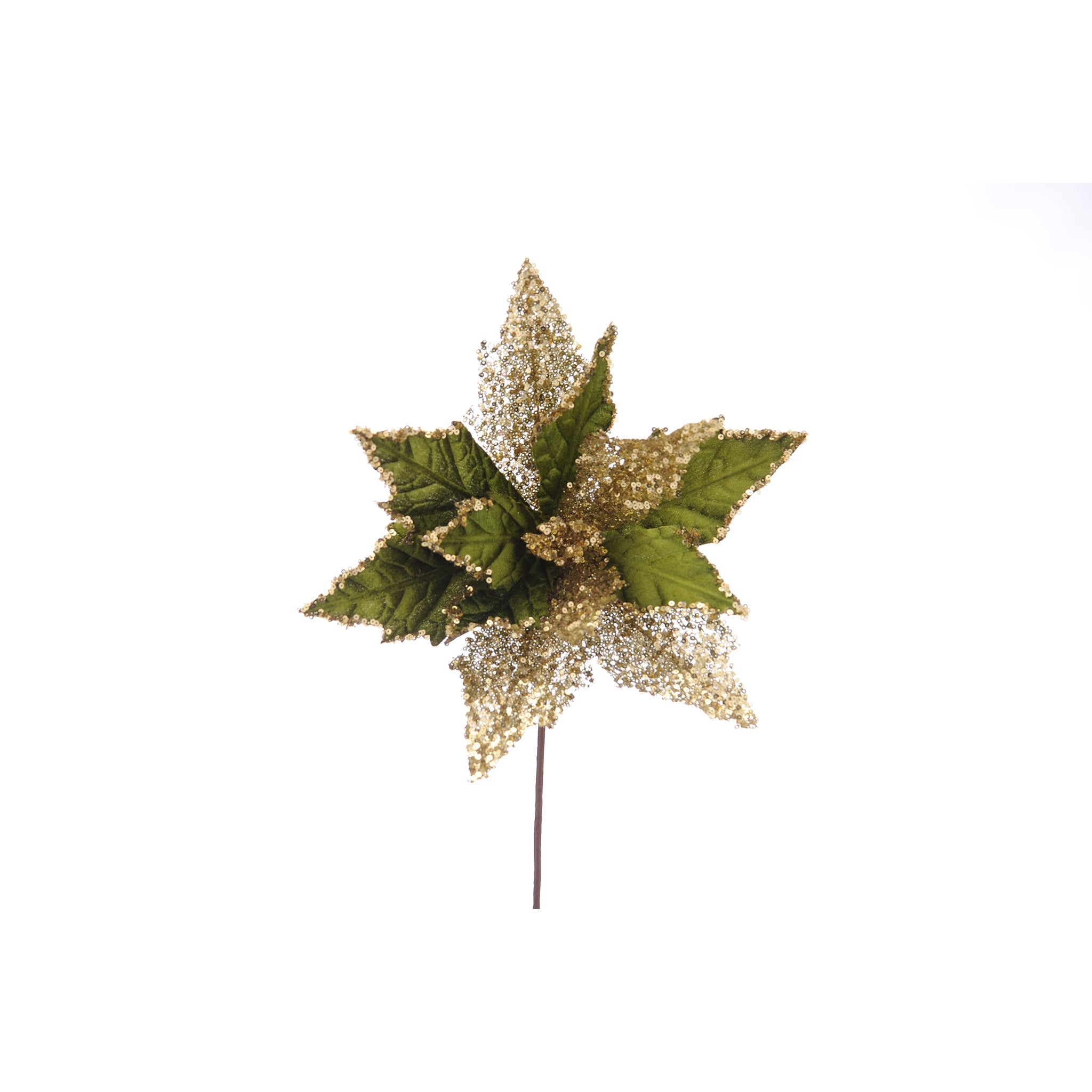 dark green with gold glitter detail poinsettia stem - stem size 45cm - flower head diameter 33cm