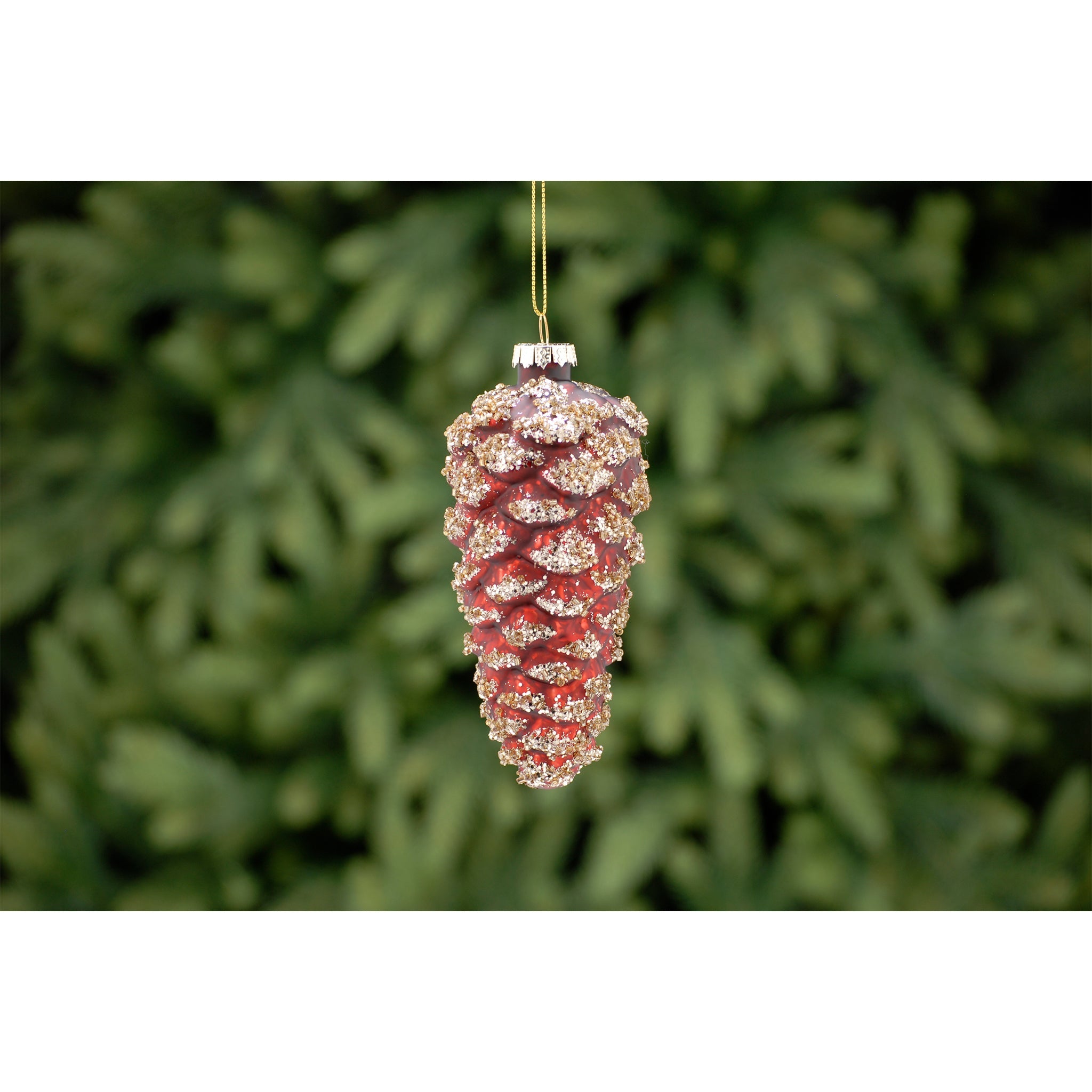 12cm red with gold glitter pinecone