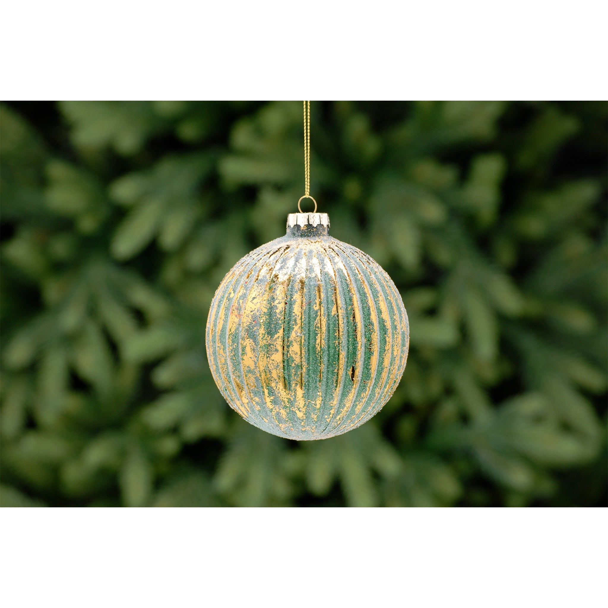 10cm green/gold stripped aged effect glass ball