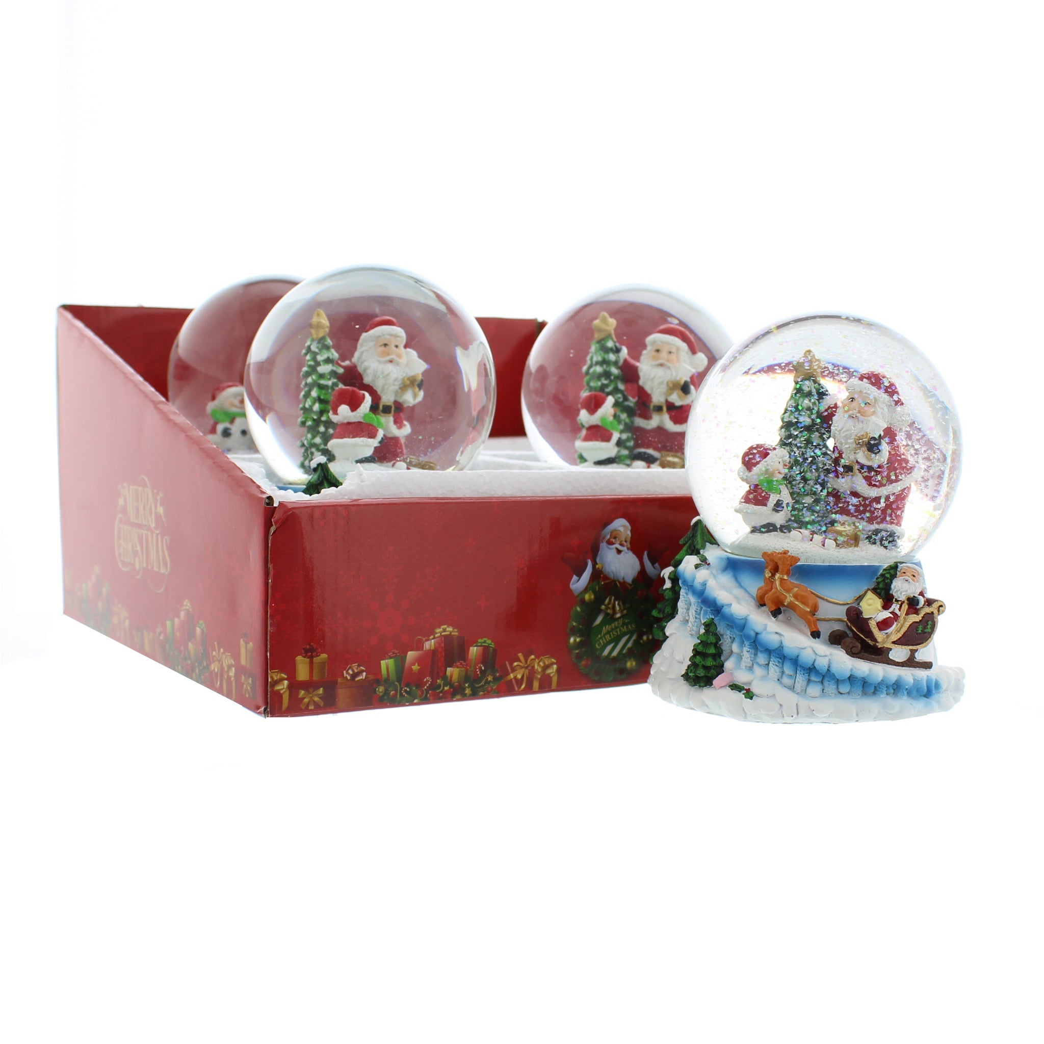 wind up musical santa and christmas tree scene snowglobe on white /  blue santa and reindeer base - size of base and globe 15cm - diameter of snowglobe 10cm - 4 pcs per pdq - 1 pdq per outer