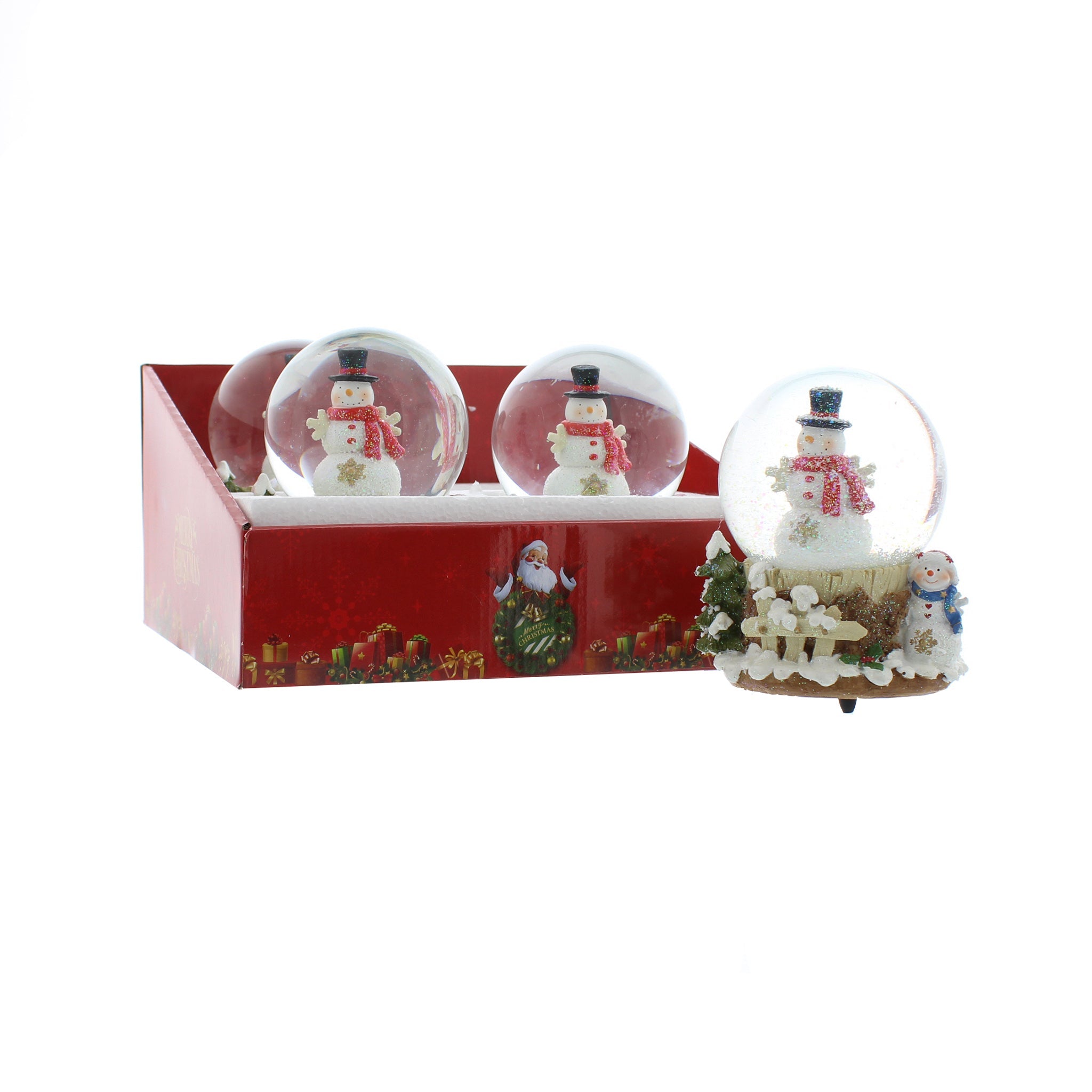 wind up musical snowman snowglobe on snowy fence, tree and snowman base - size of base and globe 16cm - diameter of snowglobe 10cm - 4 pcs per pdq - 1 pdq per outer