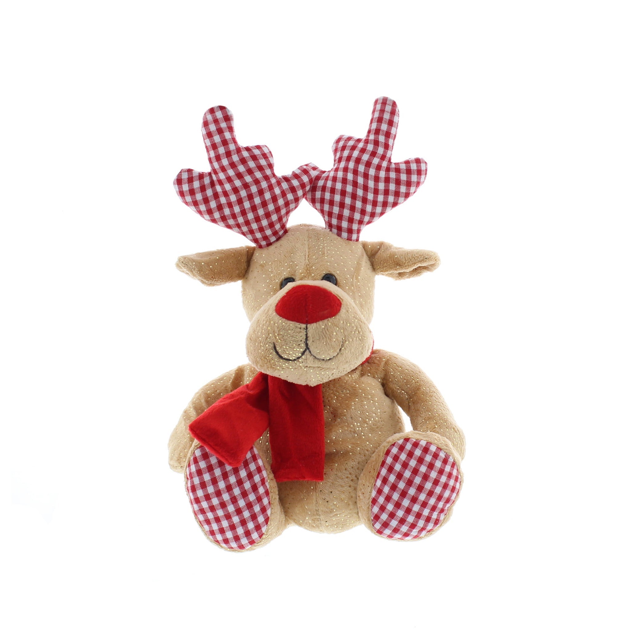 19cm plush sitting brown reindeer with red and white checked feet and antlers with red scarf