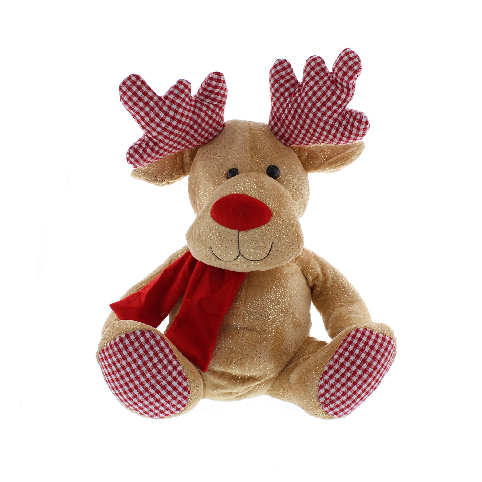 29cm plush sitting brown reindeer with red and white checked feet and antlers with red scarf