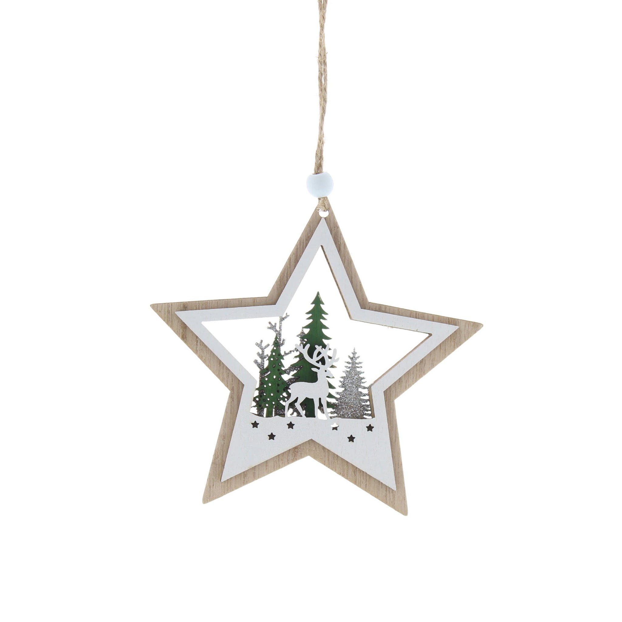 12cm wooden green and white star with reindeer and tree inside hanging decoration