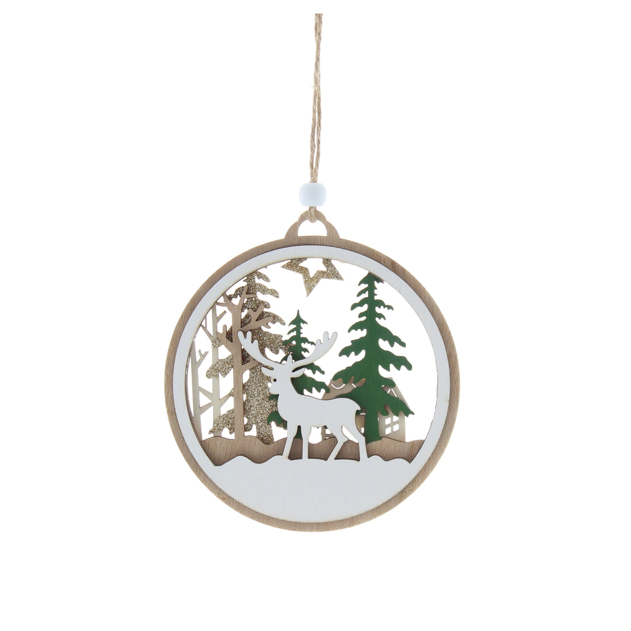 12cm wooden green and white disc with reindeer and tree inside hanging decoration
