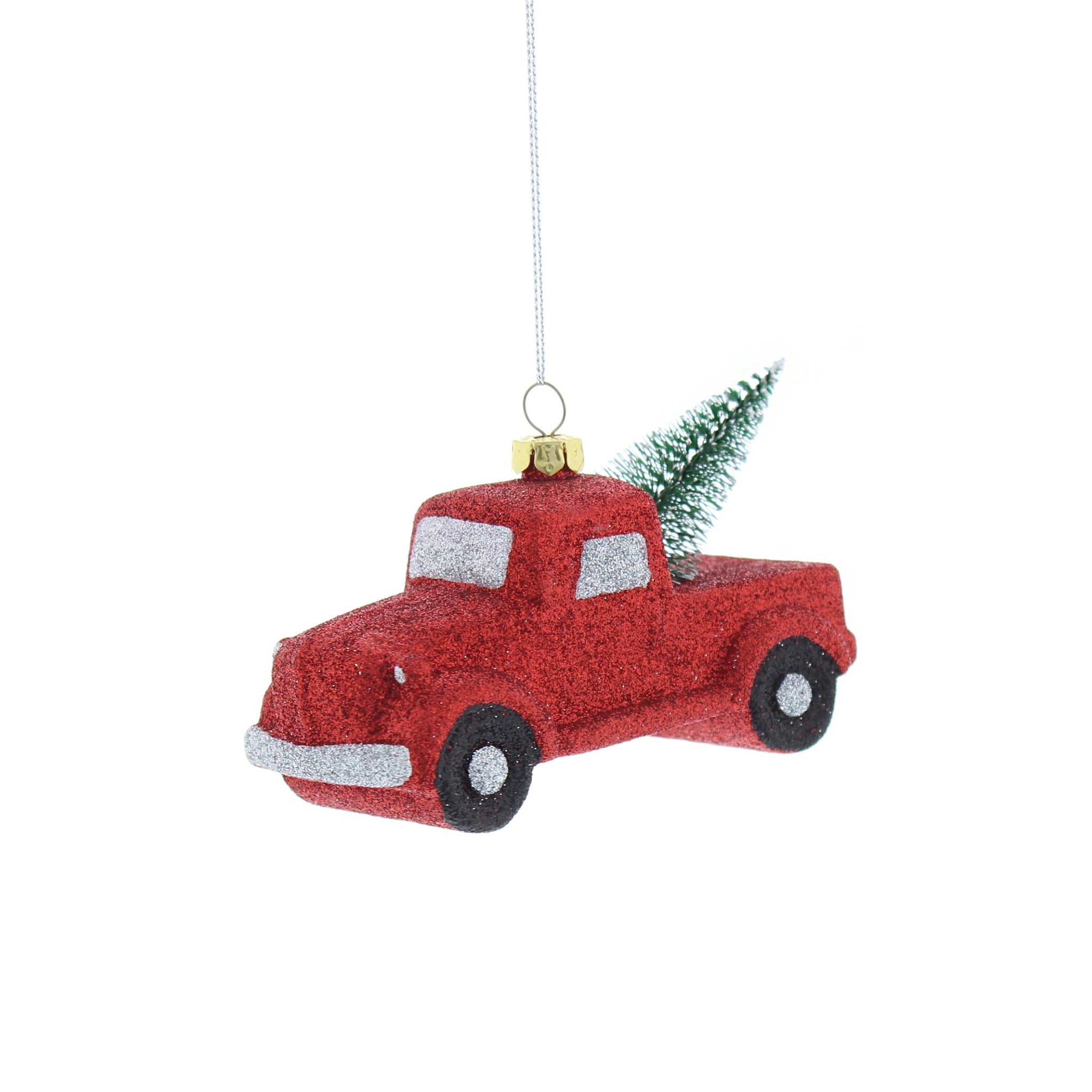 11cm red glitter truck with green tree hanging decoration