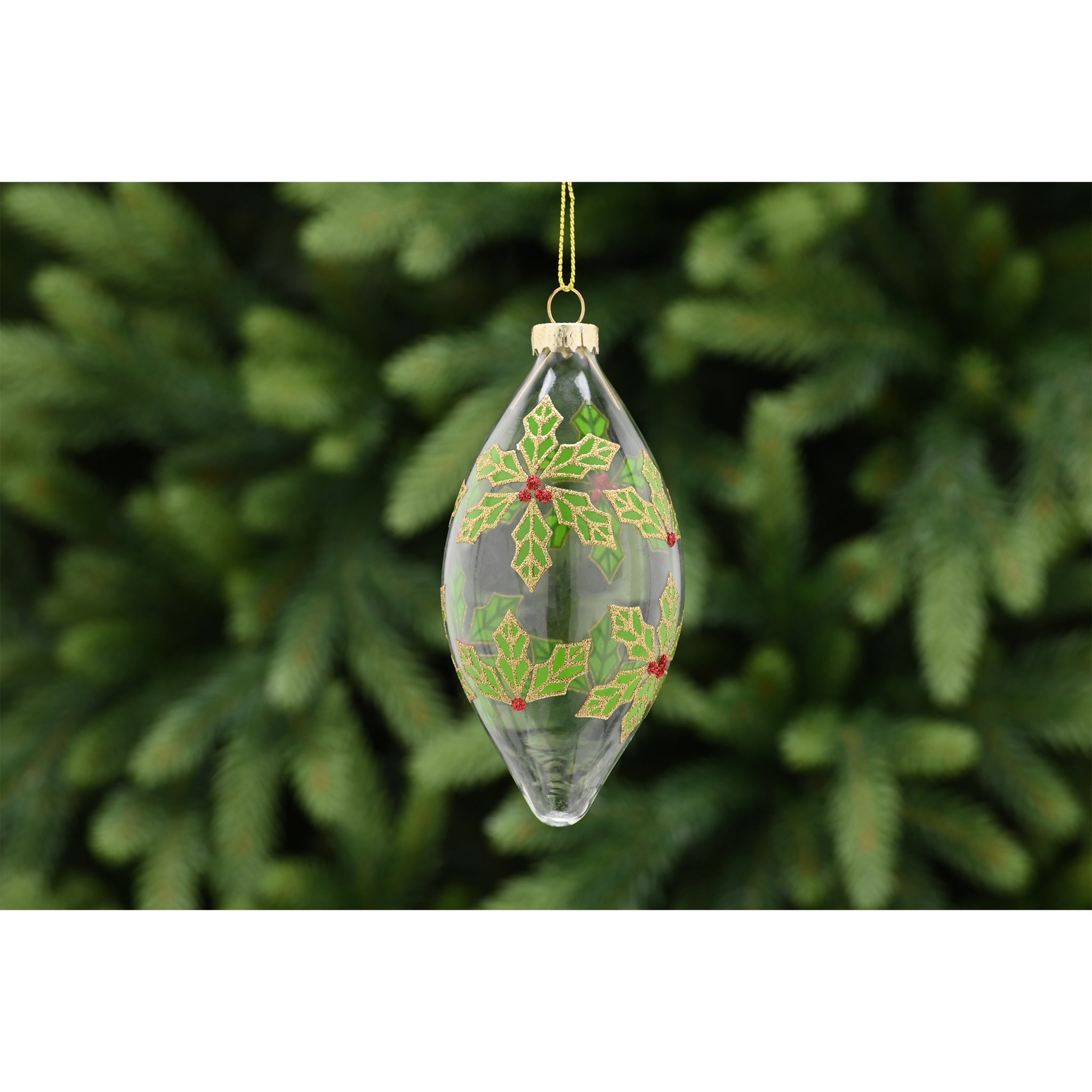 13cm clear glass drop with green holly design