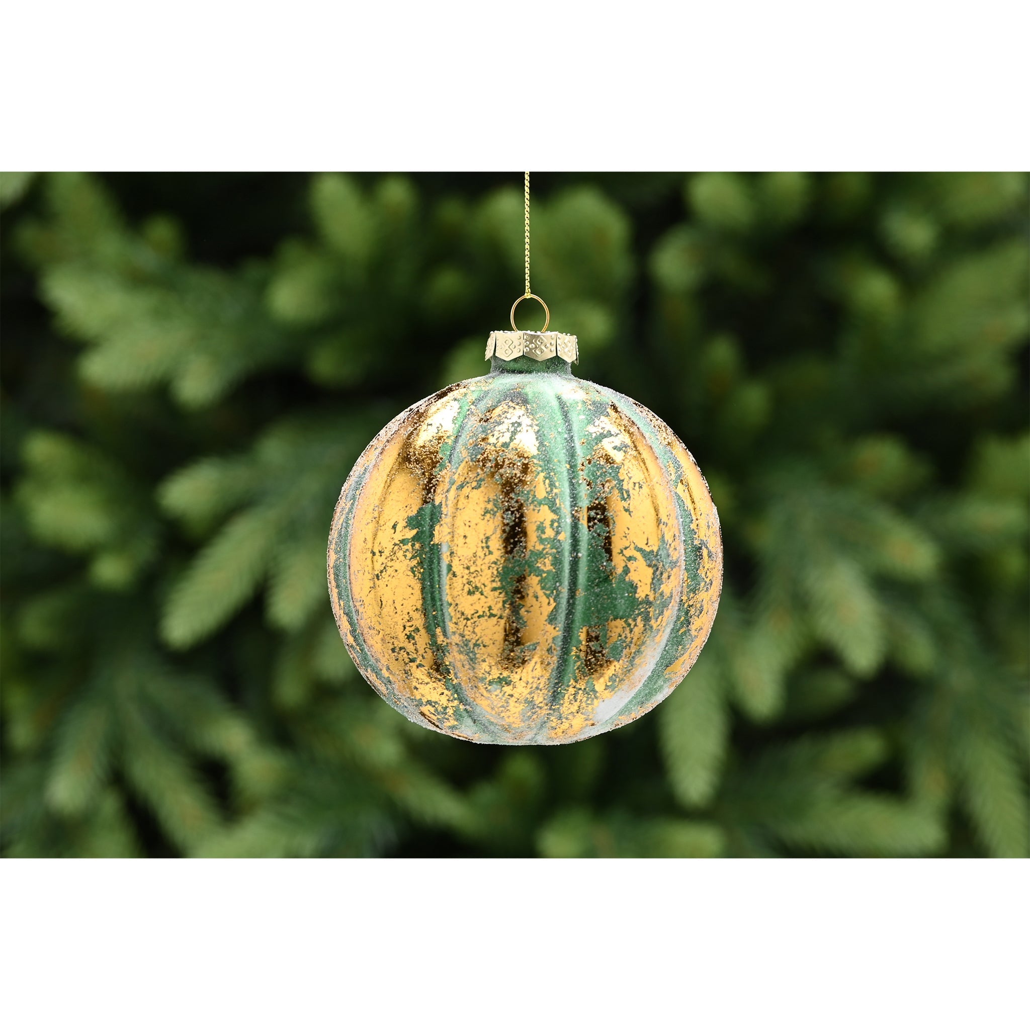 10cm green / gold aged effect glass segment ball