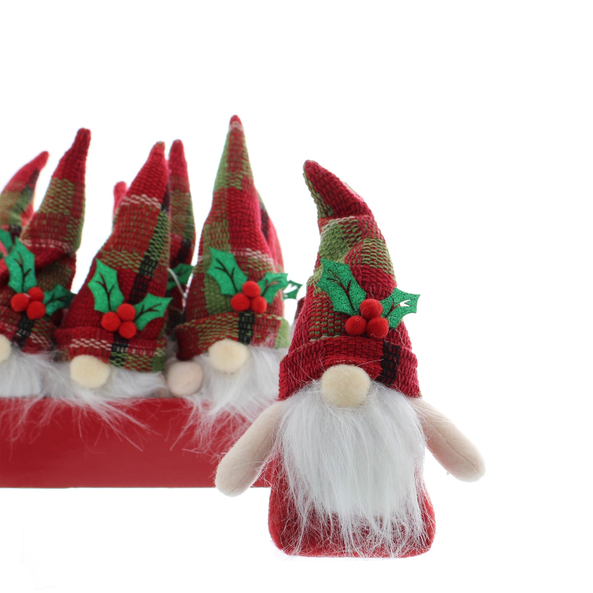 12 pcs x 12cm gonk with red and green check hat with holly on trim - 12 pcs per pdq / 2 pdq per outer