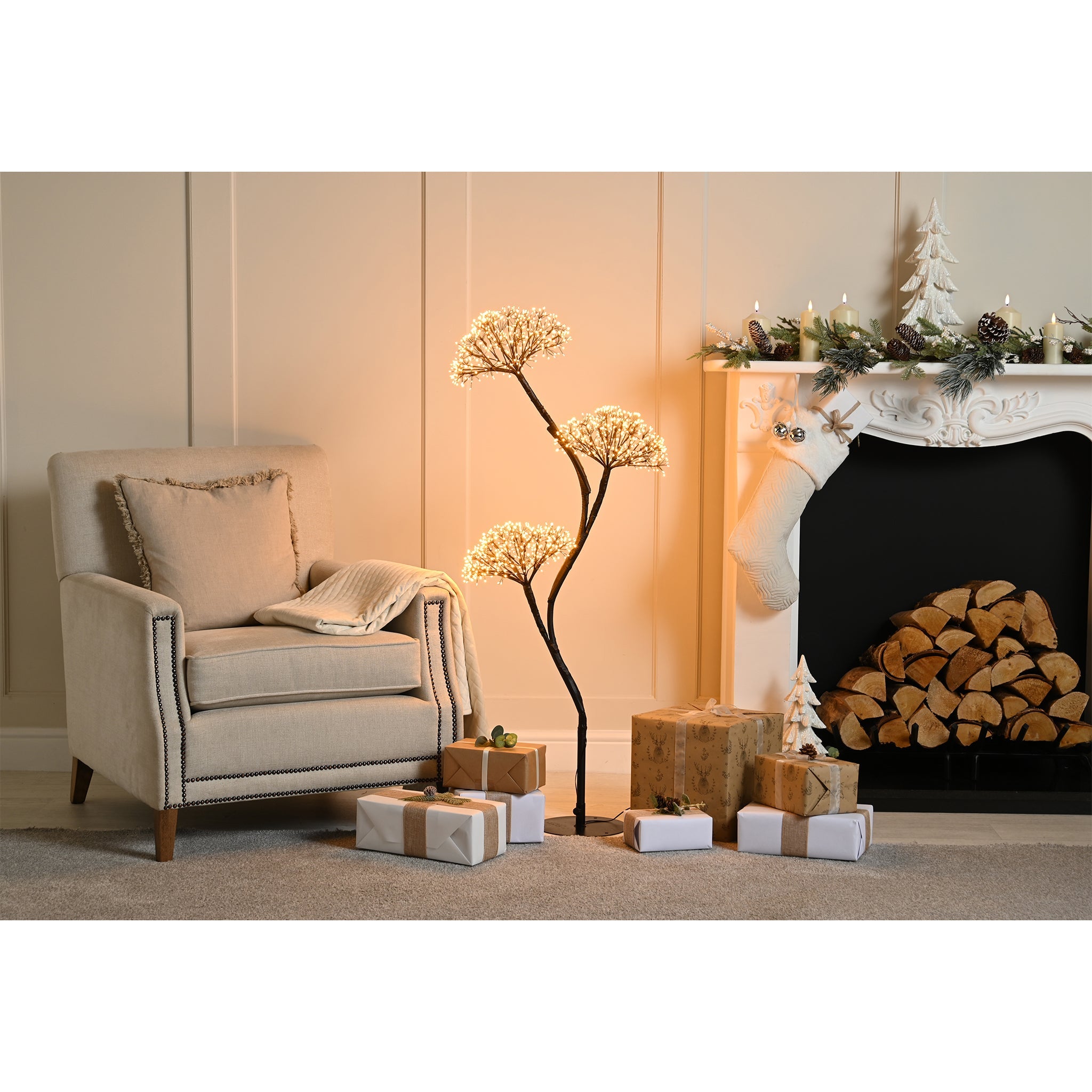 120cm dewdrop firework ball black tape tree - 1296 warm white micro led - black cable - lead length 5m - girth 22cm - metal base - indoor / outdoor - transformer rating ip20/31v/9va - static lights