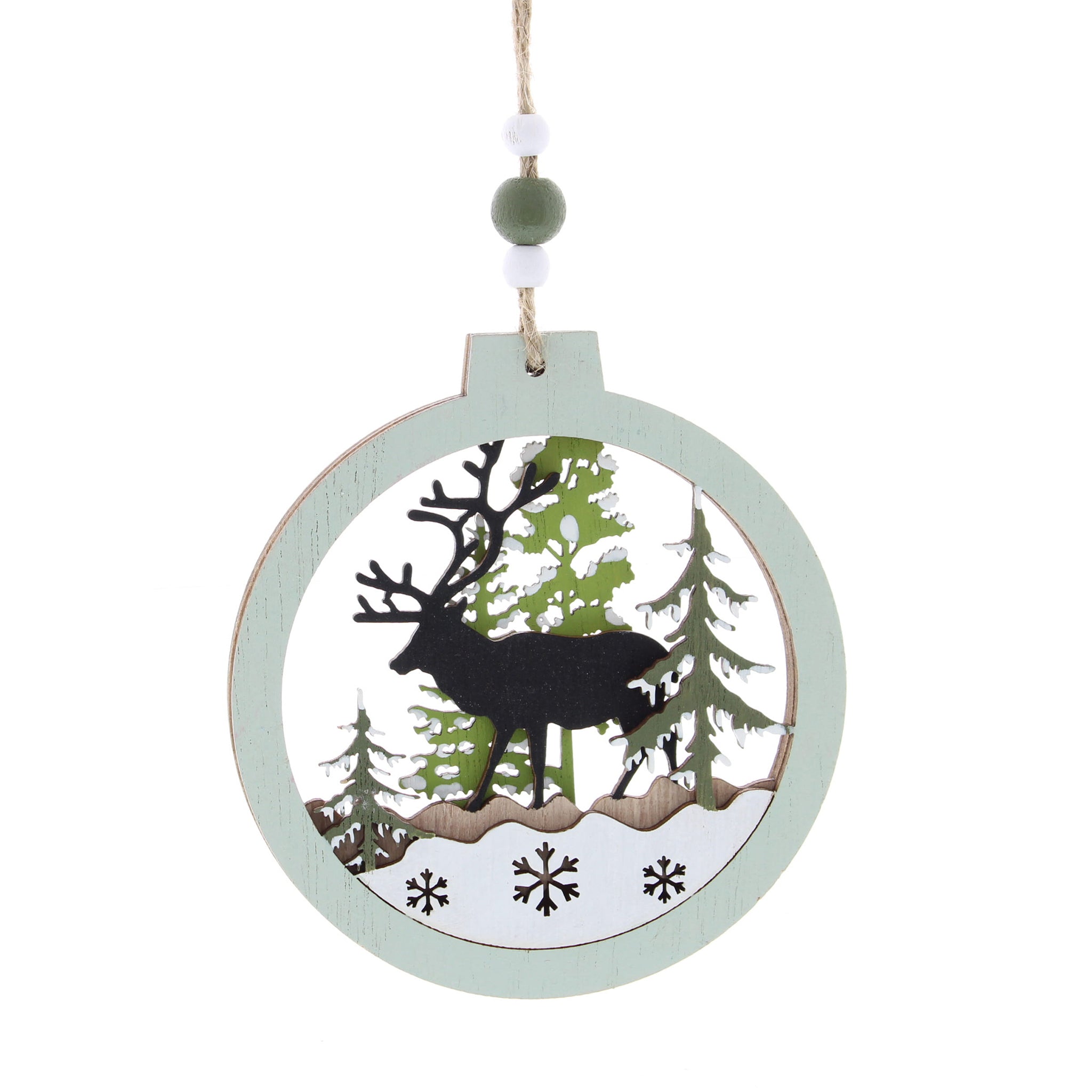 11cm hanging green wood disc with reindeer
