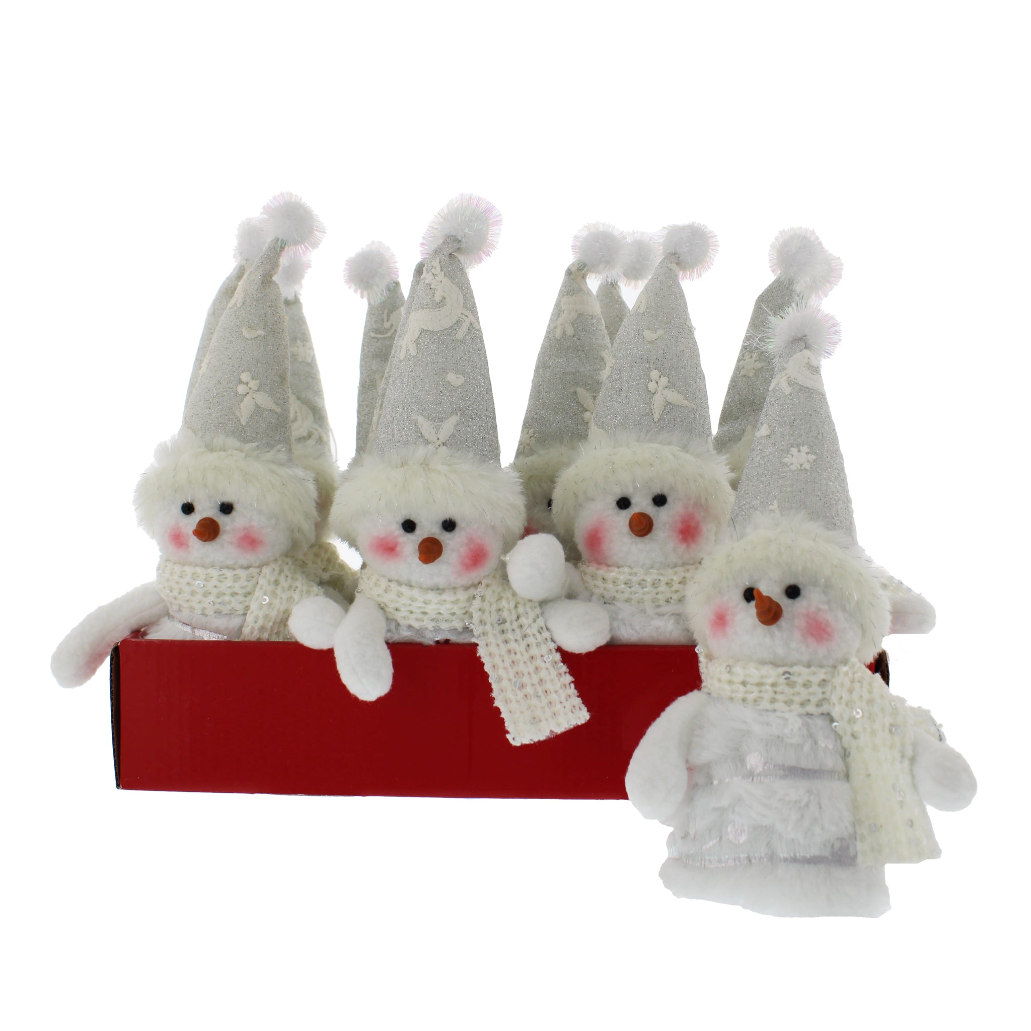 11cm plush snowman wearing silver hat and cream glittery scarf hanging decoration - 12 pcs per pdq / 2 pdq per outer