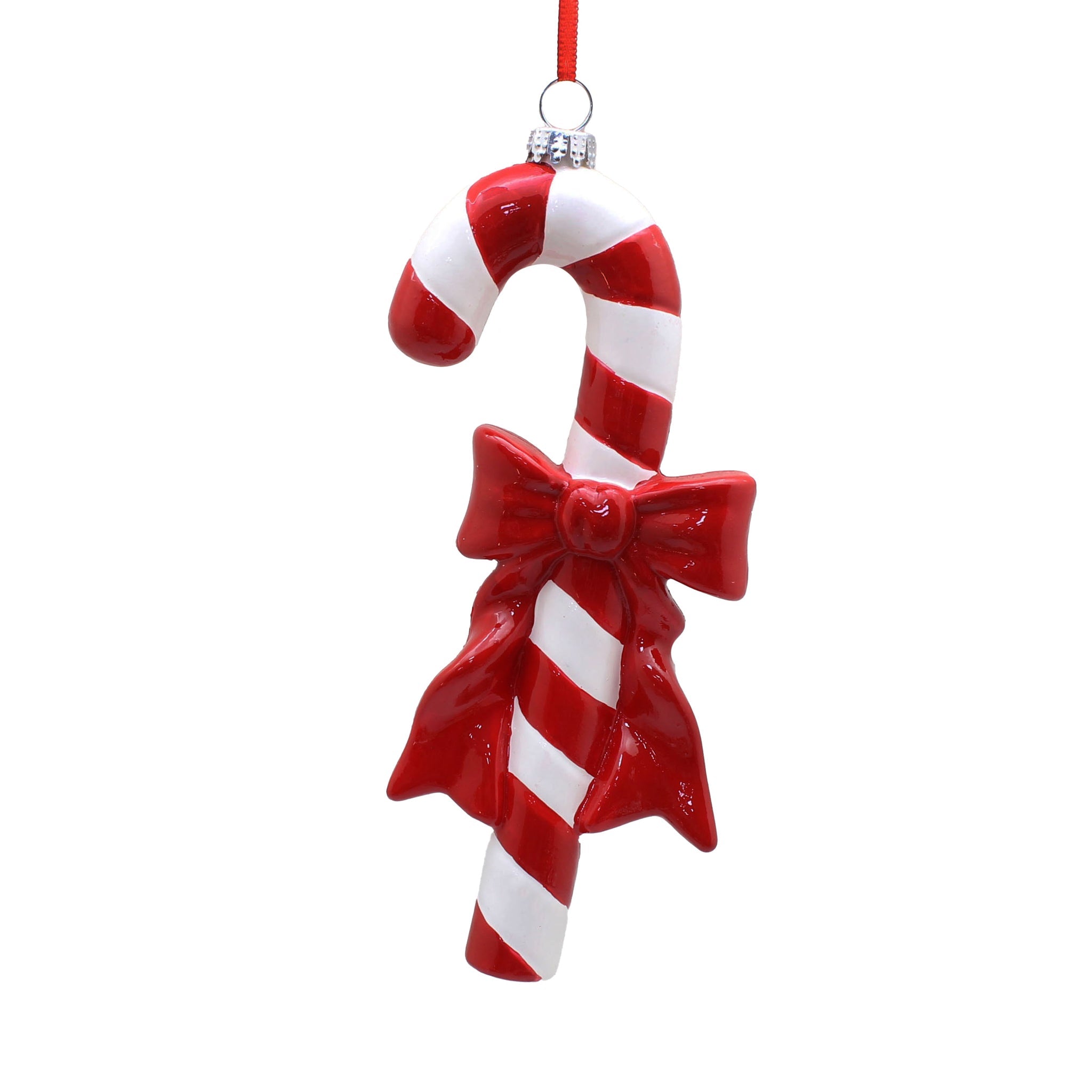 17cm red and white candy cane hanging decoration with red bow detail