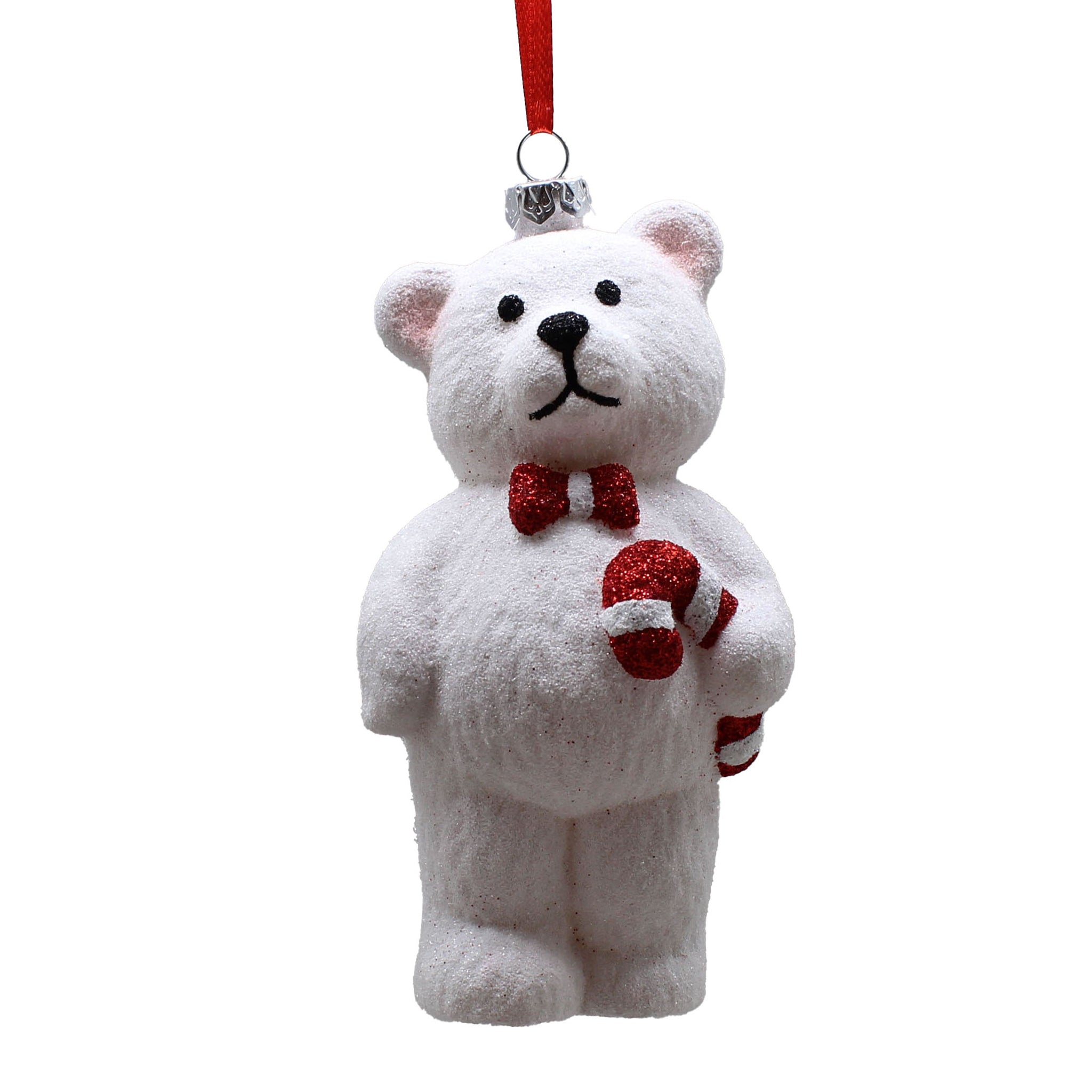 12cm white glitter teddy bear holding red and white candy cane and wearing red bow hanging decoration