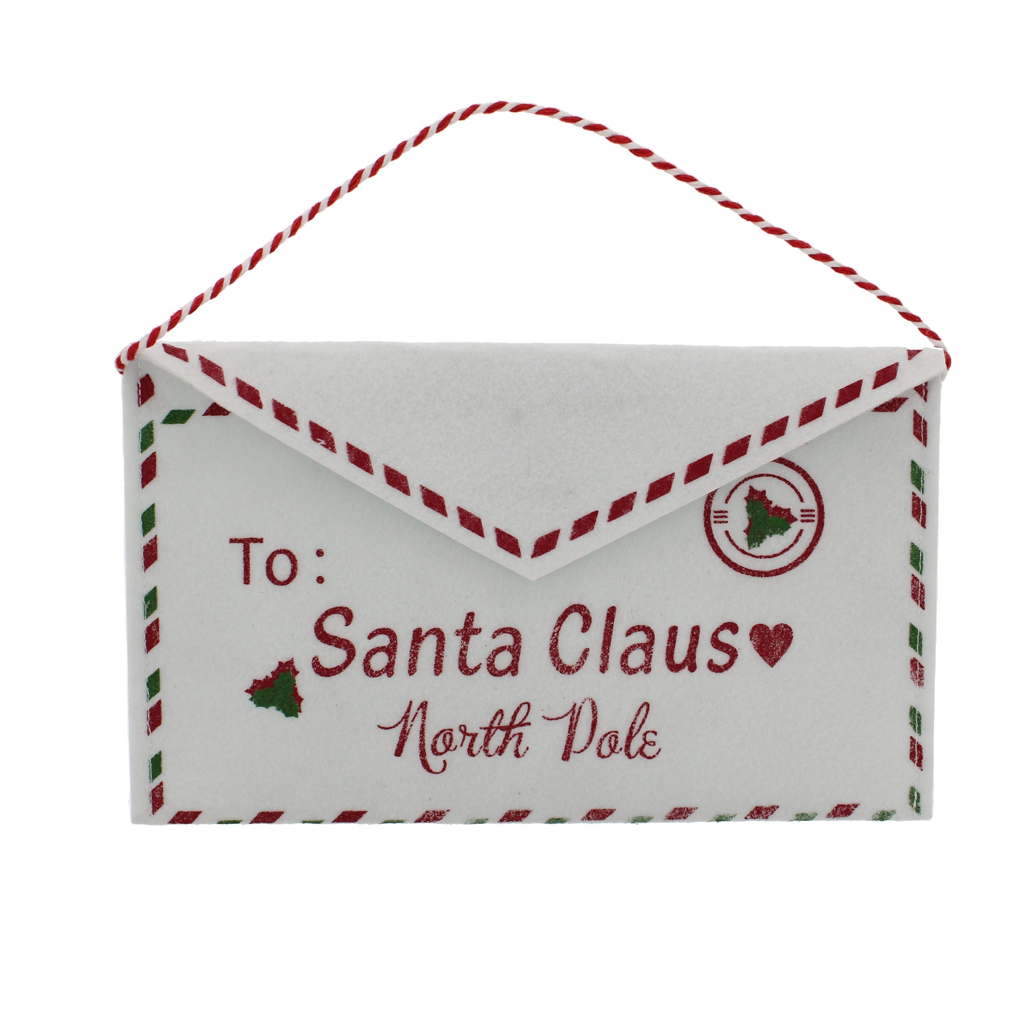 27cm white felt envelope hanging decoration with SANTA CLAUS NORTH POLE text red white border desig