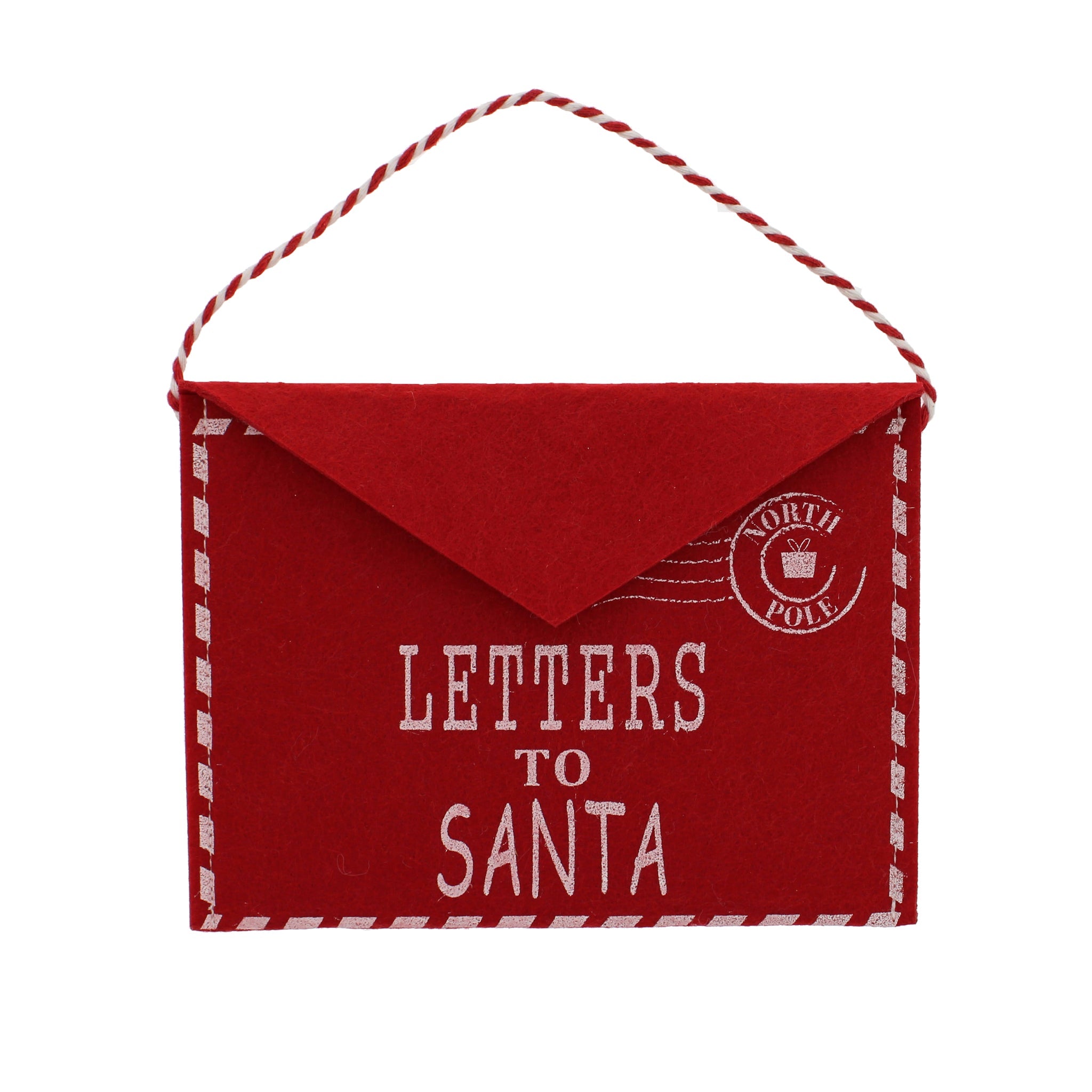 20cm red felt envelope hanging decoration with LETTERS TO SANTA block text and north pole stamp motif