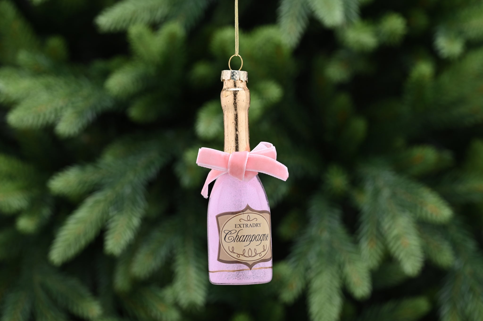 12cm pink and champagne gold glass champagne bottle hanging decoration