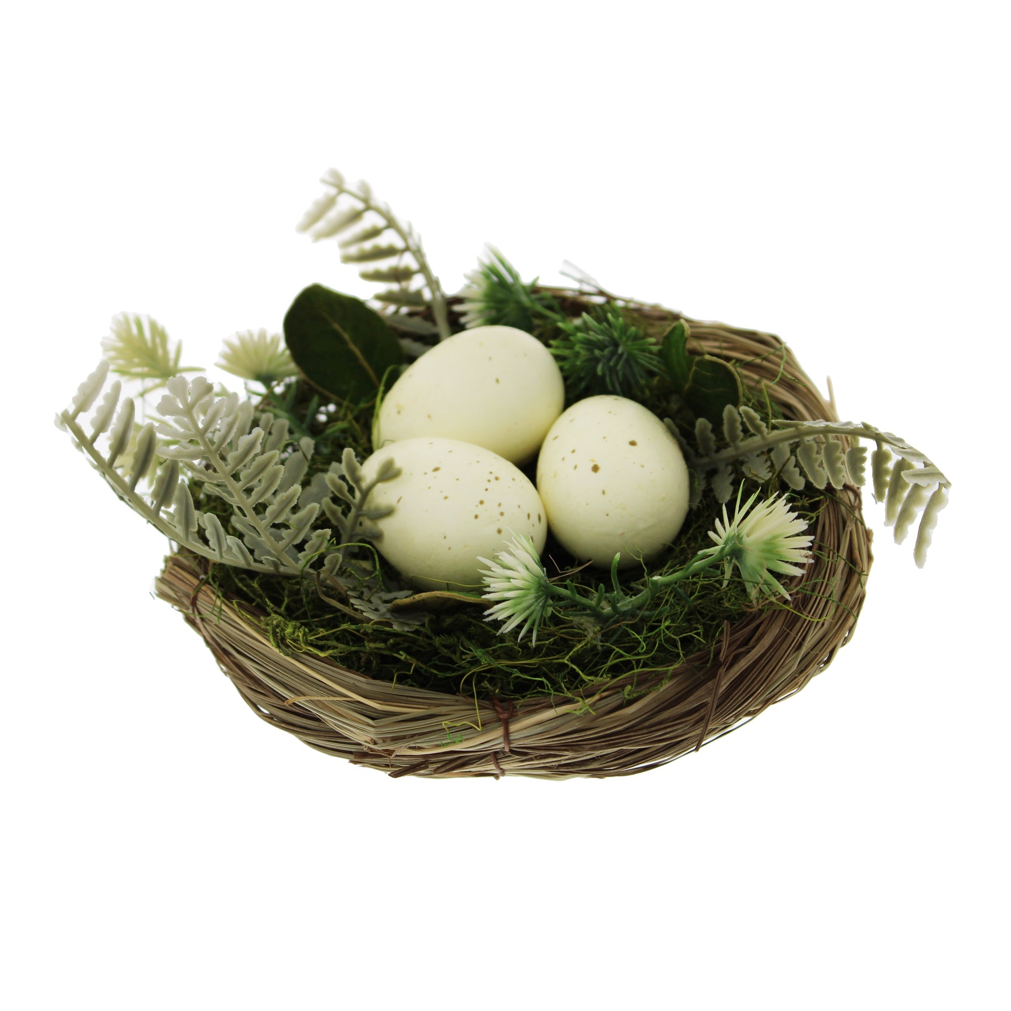 13cm rattan birds nest with green foliage and birds eggs