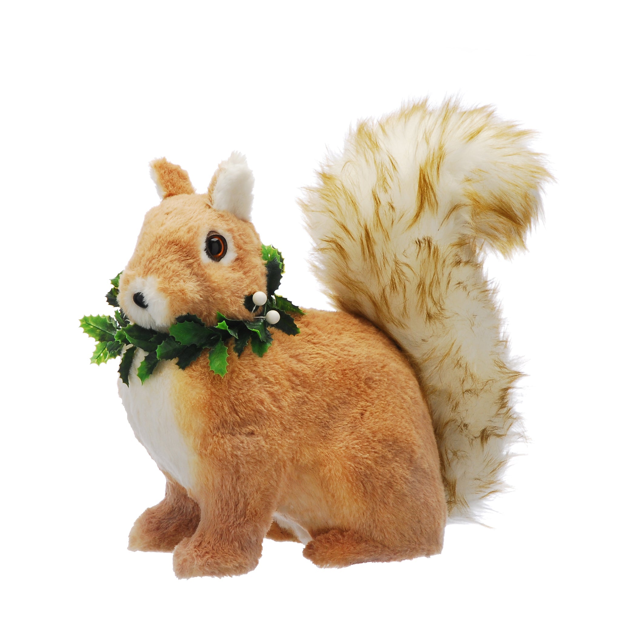 36cm natural standing squirrel with green foliage and white berries table top decoration