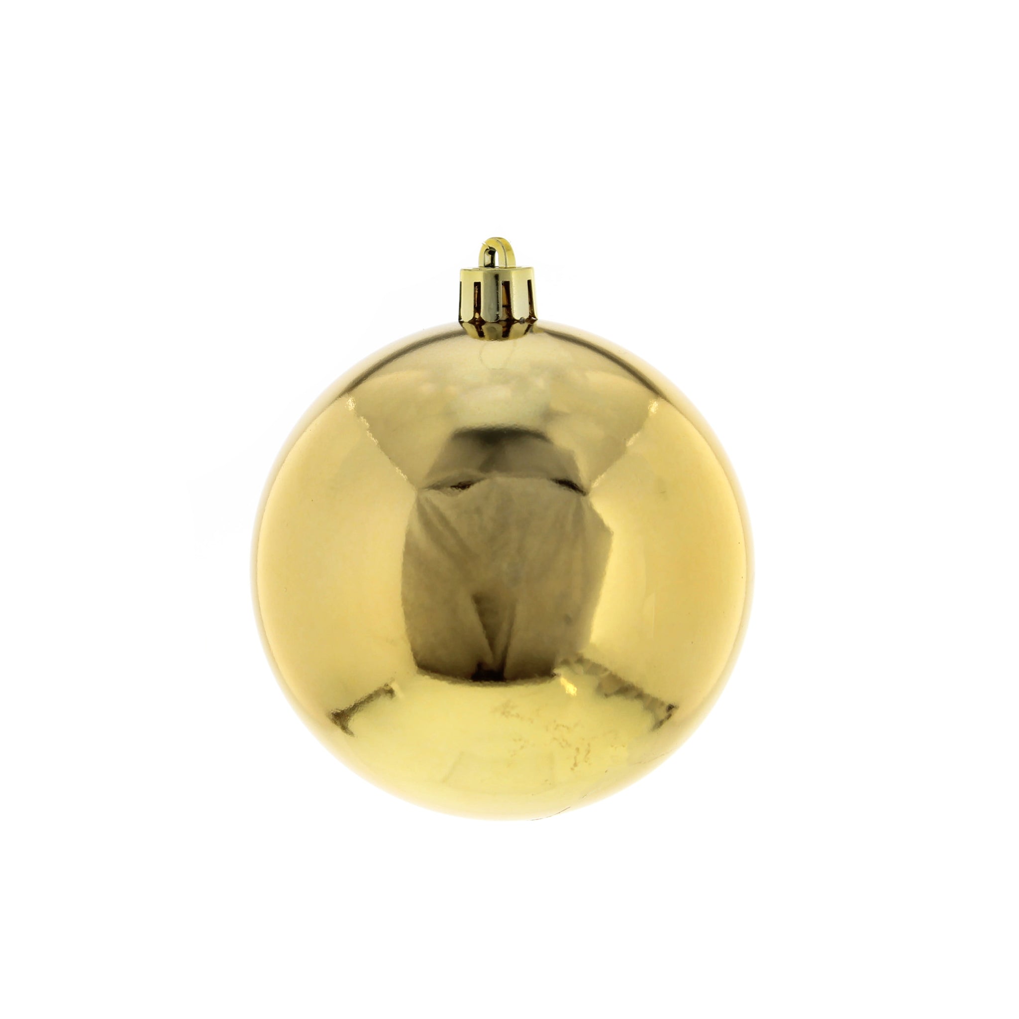 10cm shiny classic gold shatterproof ball - glued caps with secure wire - each pc in polybag - bulk packed