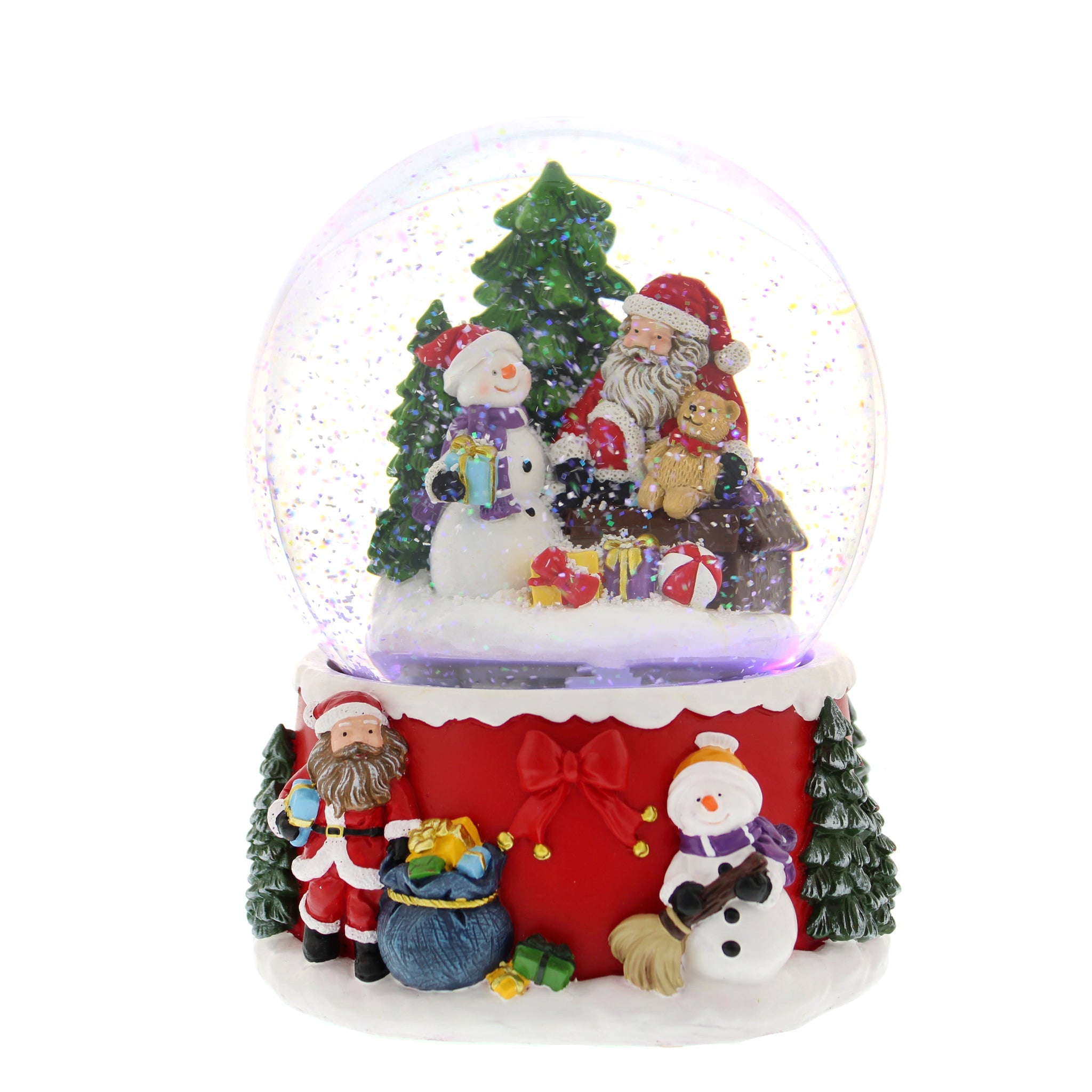 21cm santa and snowman snowglobe with lights and music - red christmas base - snowglobe size 15cm