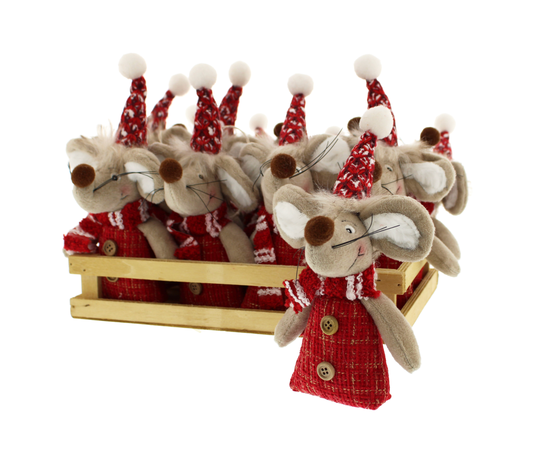 set of 12 x 20cm plush mouse wearing red coat, with red and white stripey scarf and red and white hat hanging decoration - 12pcs per wooden crate