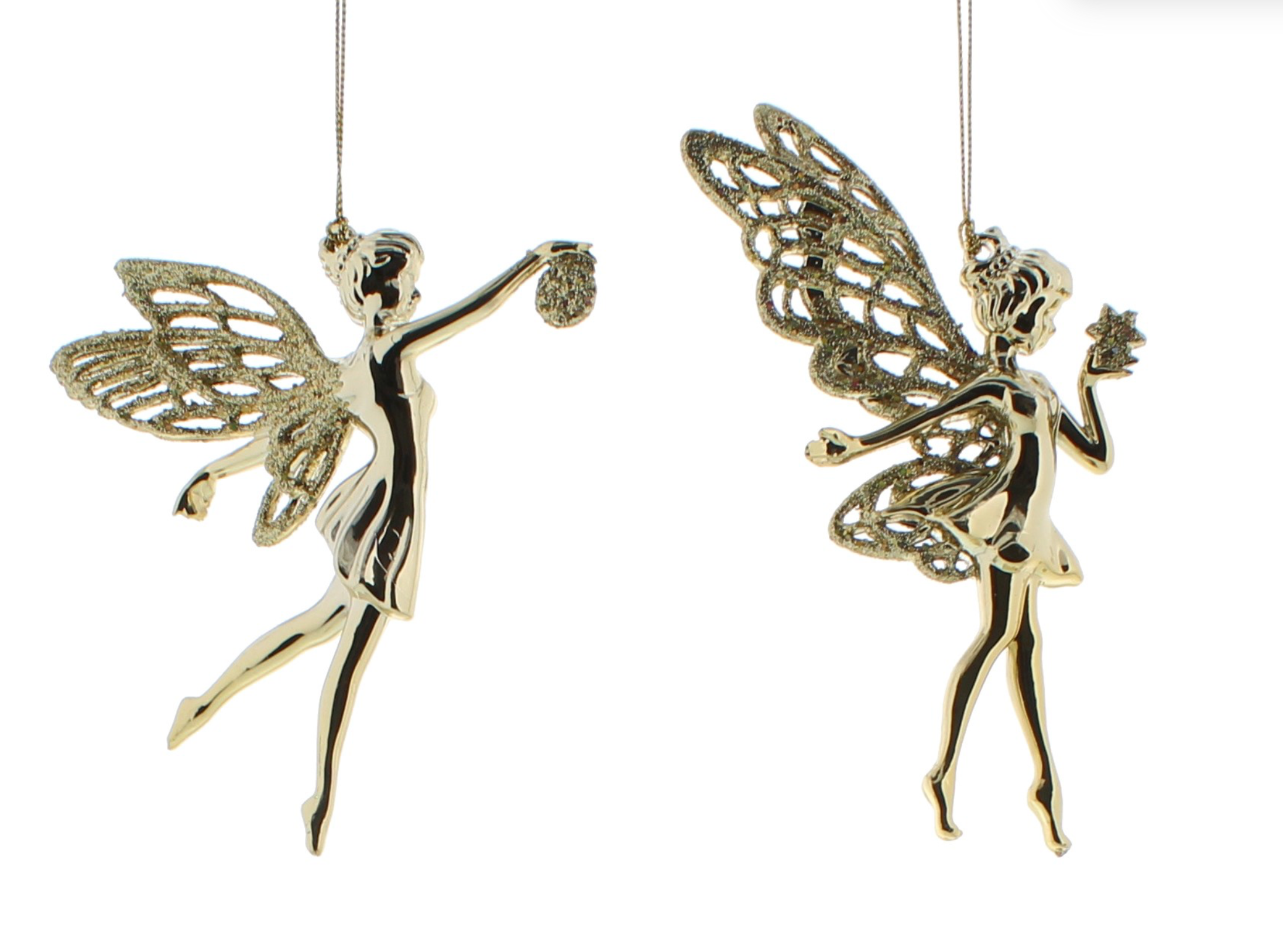 15cm 2 asstd metallic gold with partial light gold glitter fairies hanging decoration