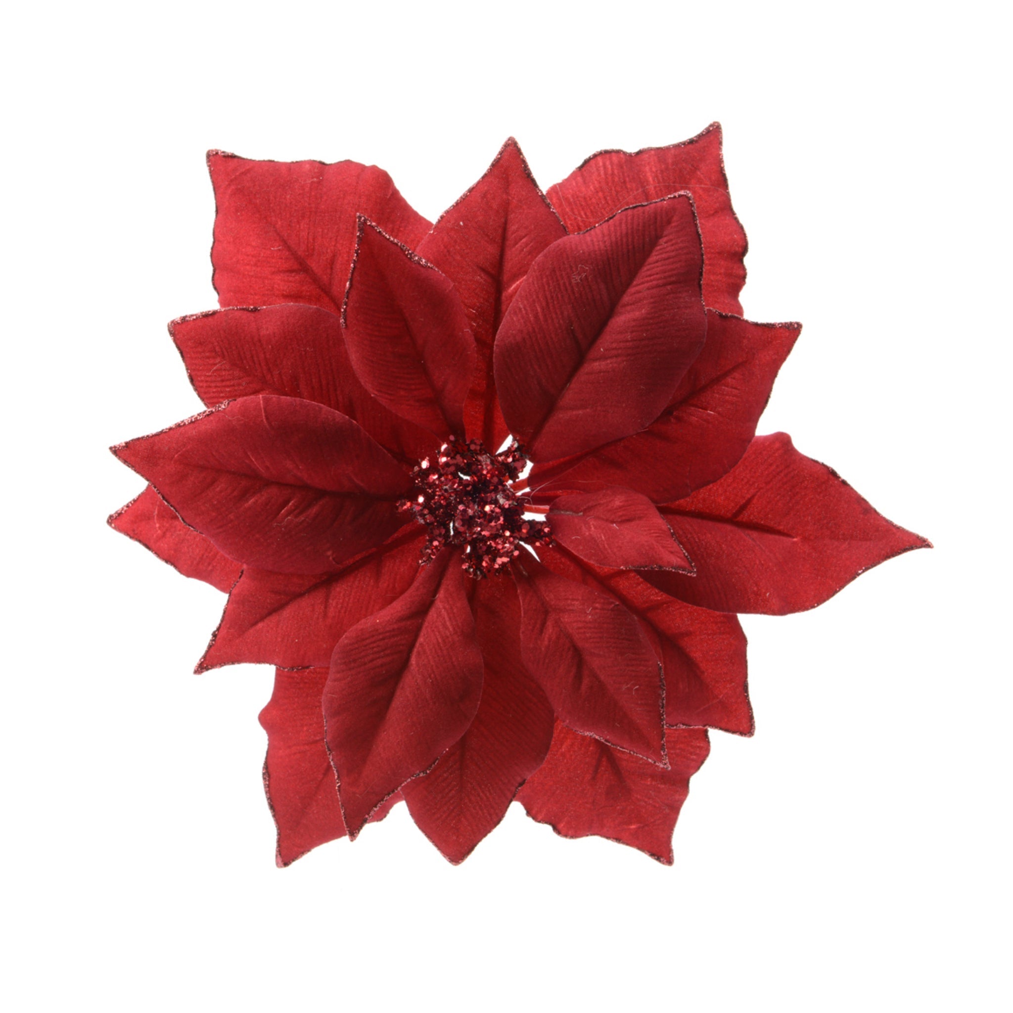 Poinsettia poinsettia on clip polyester w glitter edges - red