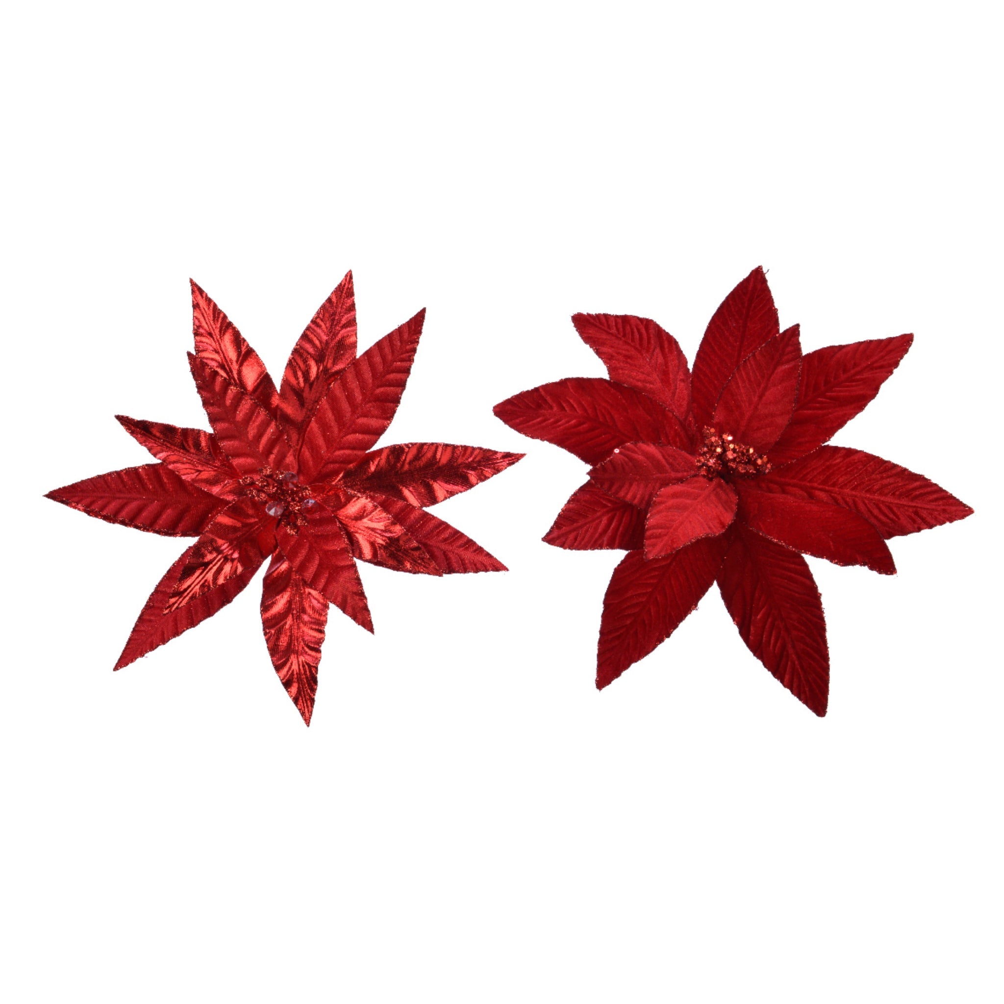 Poinsettia on clip polyester glitter velvet 2ass - christmas red