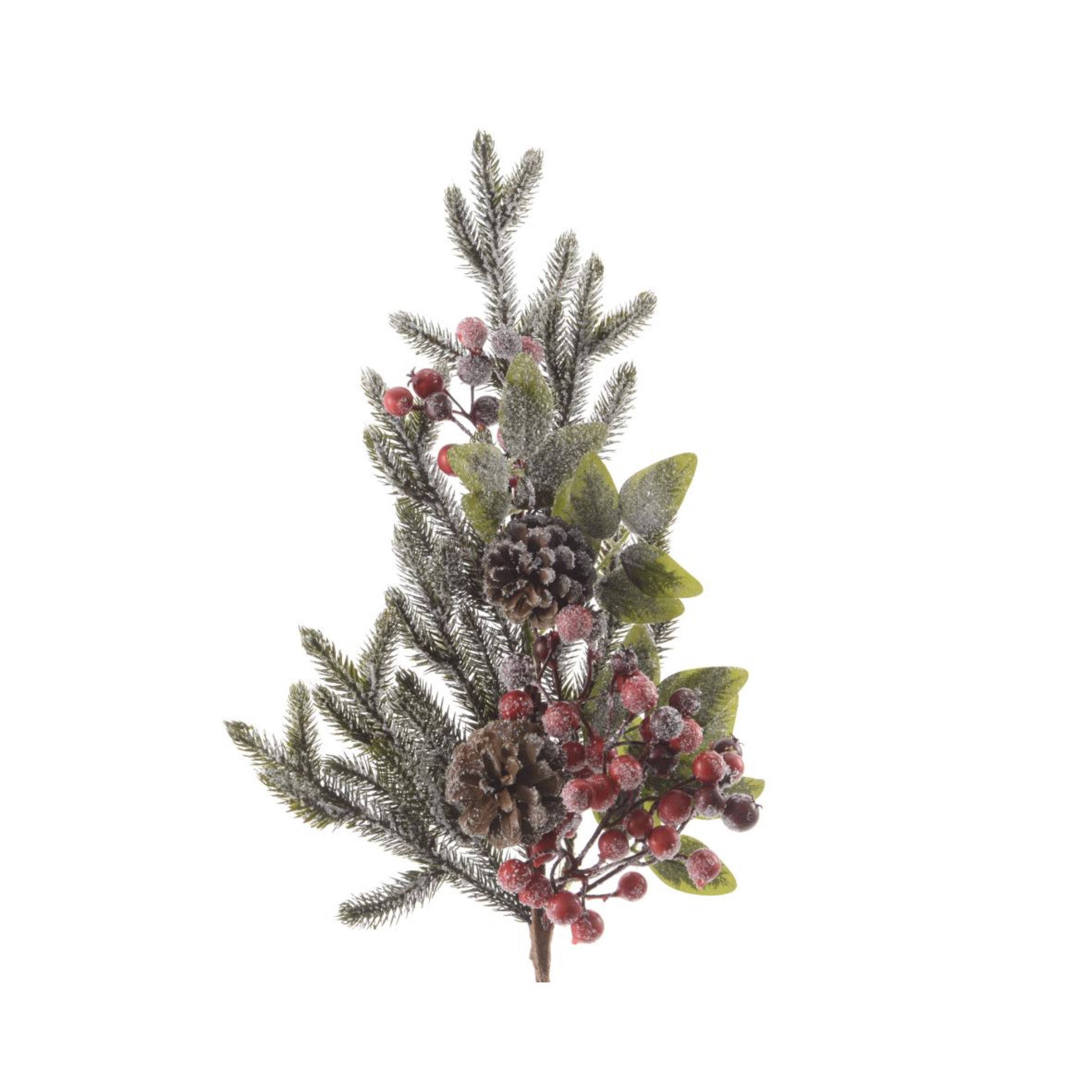 Spray frosted pinecones,red berries indoor - green/red