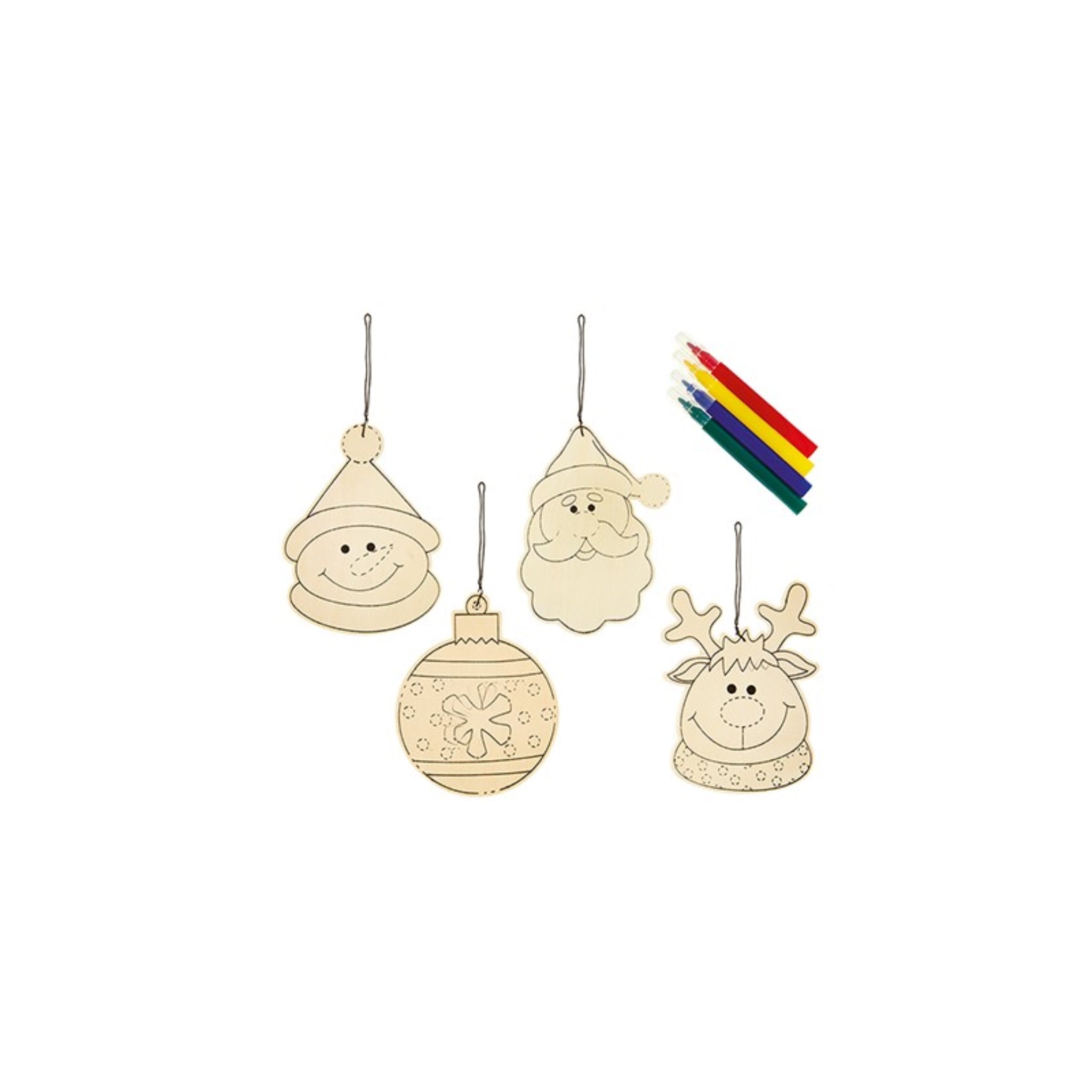 12cm Colour Your Own Hanging Dec 4 Asst Santa - Snowman - Reindeer - Bauble